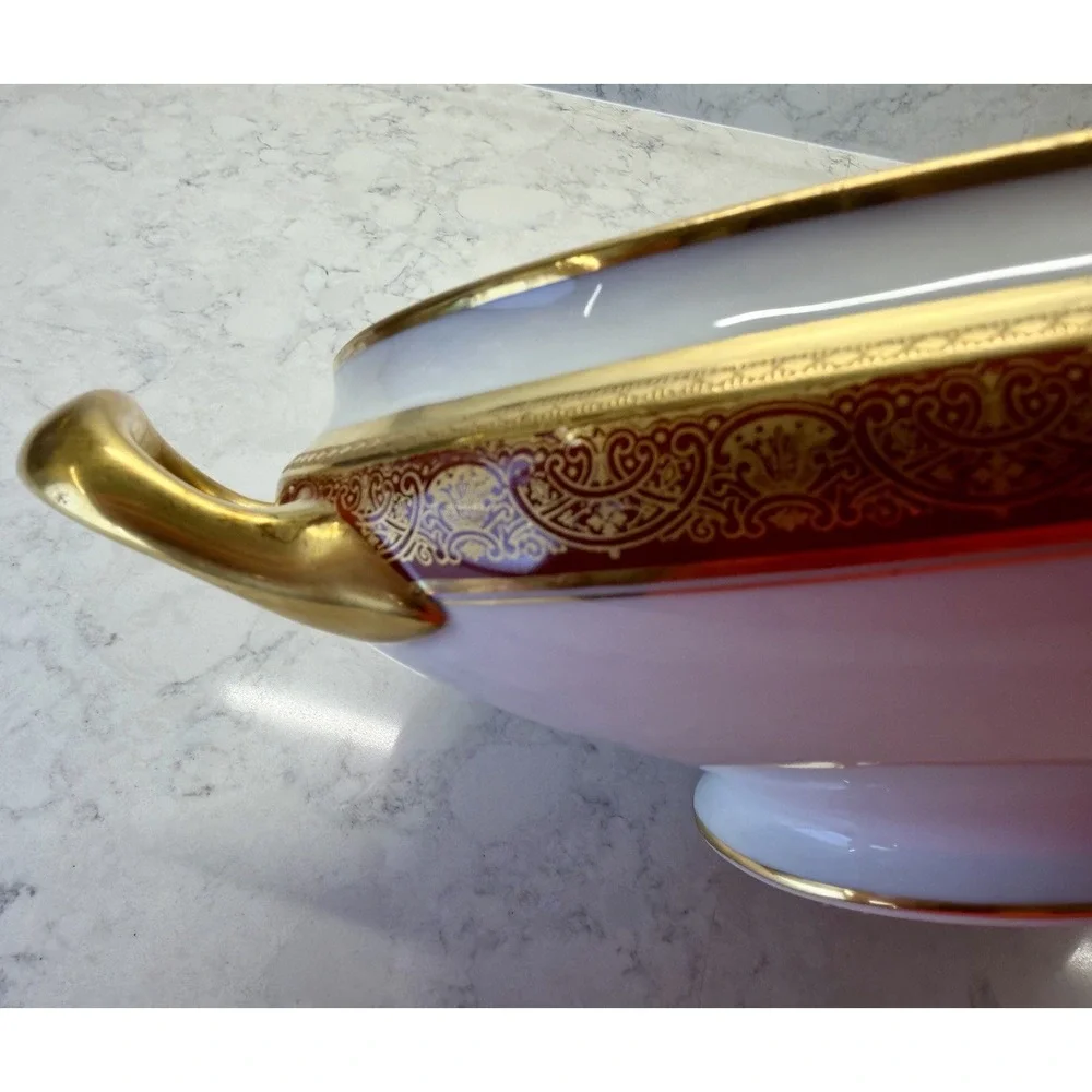 Antique B&C Limoges France Porcelain Soup Tureen Lidded Oval Red Gold Gilt 16765